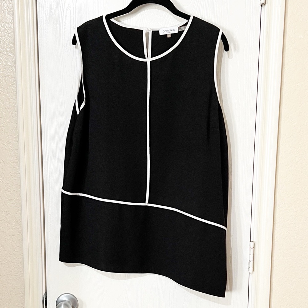 [Calvin Klein] Black White Trim Top Asymmetrical Hem Career Work Office XLarge